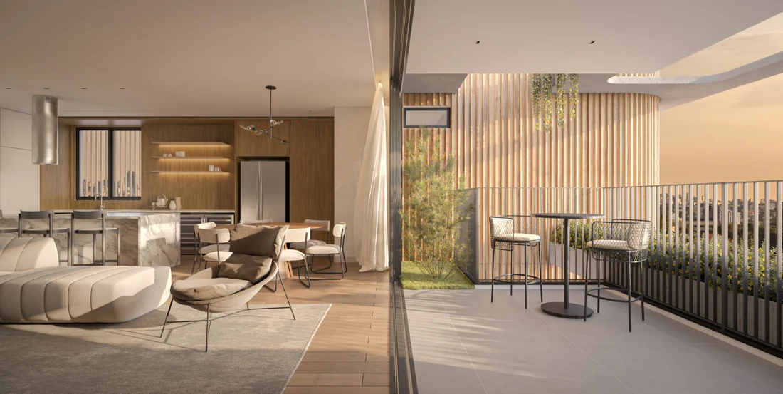 Living e varanda — perspectiva ilustrativa — Ahú, Curitiba