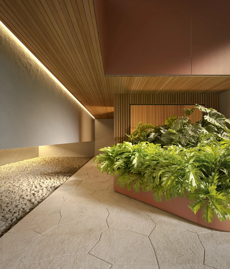 Espaço das saunas — perspectiva ilustrativa — Ahú, Curitiba